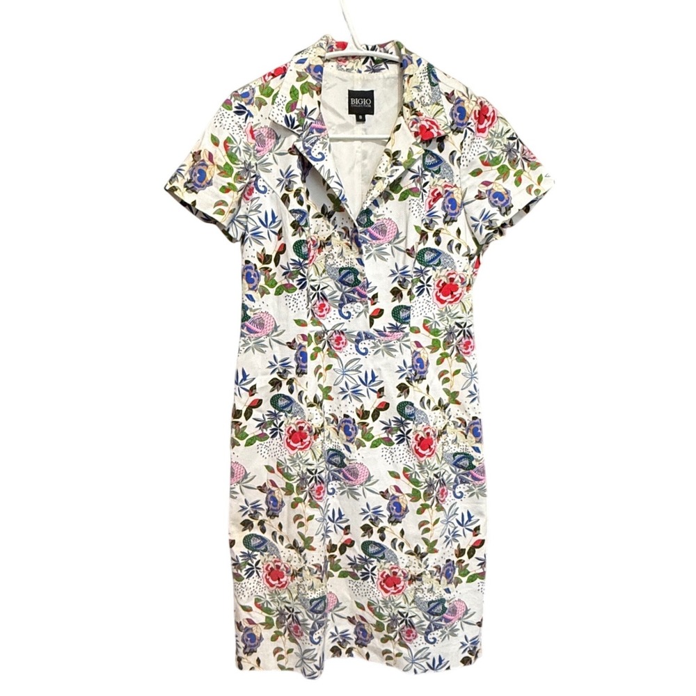 Bigio‎ Collection Floral Sheath Dress 8 White Excellent Peacock Pique Tailored